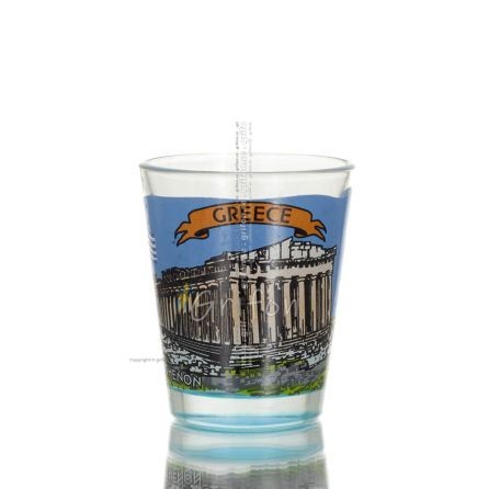 Clear glass blue 6cm shot glass with Parthenon print, kitchen, raki, tsikoudia, shot glass Kitchen & glasses 1 - grifon.se 