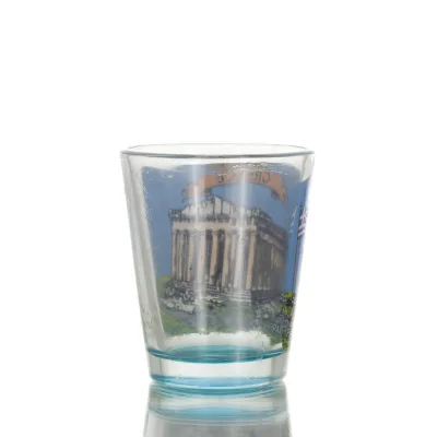 Clear glass blue 6cm shot glass with Parthenon print, kitchen, raki, tsikoudia, shot glass Kitchen & glasses 2 - grifon.se 