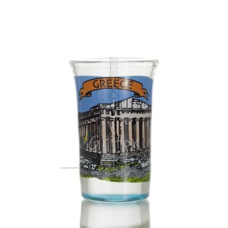 Clear glass blue 7cm shot glass with Parthenon print, kitchen, raki, tsikoudia, shot glass Kitchen & glasses 1 - grifon.se 