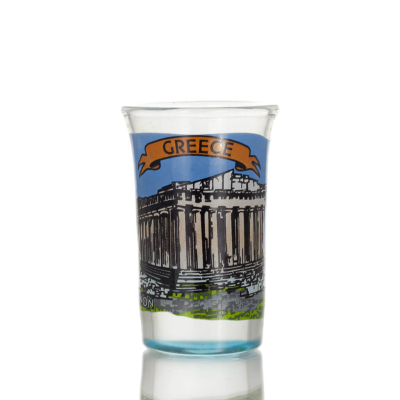 Clear glass blue 7cm shot glass with Parthenon print, kitchen, raki, tsikoudia, shot glass Kitchen & glasses 1 - grifon.se 