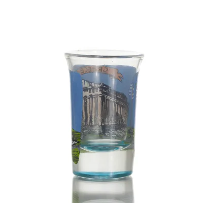 Clear glass blue 7cm shot glass with Parthenon print, kitchen, raki, tsikoudia, shot glass Kitchen & glasses 2 - grifon.se 