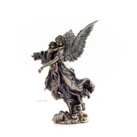 Angel embracing a child and holding flowers 28cm Full-body statue Figurine with Bronze Electrolysis Veronese, religious - spirit