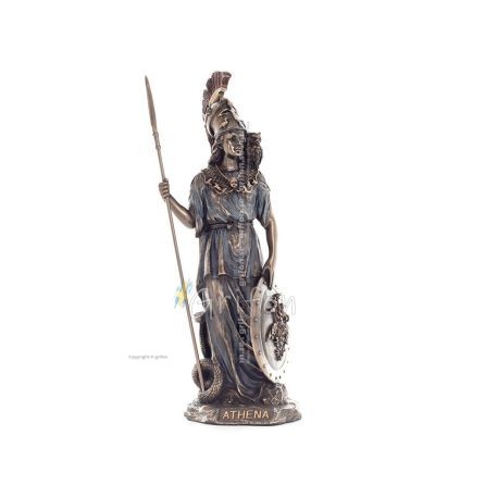 Athena or Athene: The goddess of wisdom 29.5cm with a spear, shield, helmet, and owl with Veronese Bronze Electrolysis, ancient 