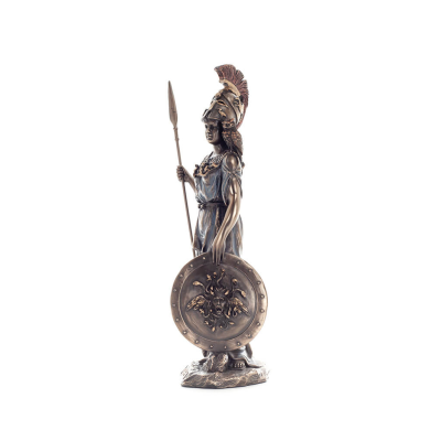 Athena or Athene: The goddess of wisdom 29.5cm with a spear, shield, helmet, and owl with Veronese Bronze Electrolysis, ancient 
