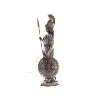 Athena or Athene: The goddess of wisdom 29.5cm with a spear, shield, helmet, and owl with Veronese Bronze Electrolysis, ancient 