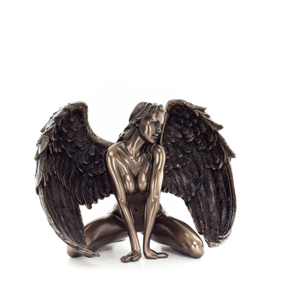 Seated Female Angel with Half-Open Wings 12.5cm Full-body Figurine with Bronze Electrolysis Veronese, Religious - Spiritual Vero