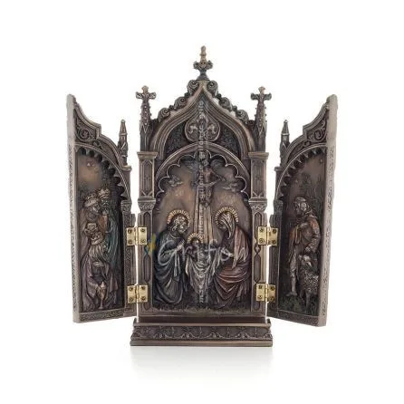 Table-top triptych, The Nativity of Jesus the Servant in a Cathedral 22x11cm with Veronese Bronze Electrolysis, Christian Verone