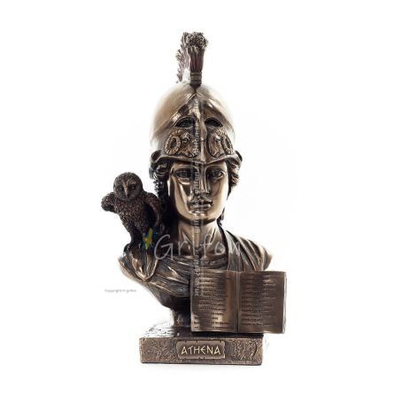 Athena eller Athana eller Athene: Vishetens gudinna med hjälm, bok och en 22,5 cm uggla byst, staty med brons elektroplä Verones