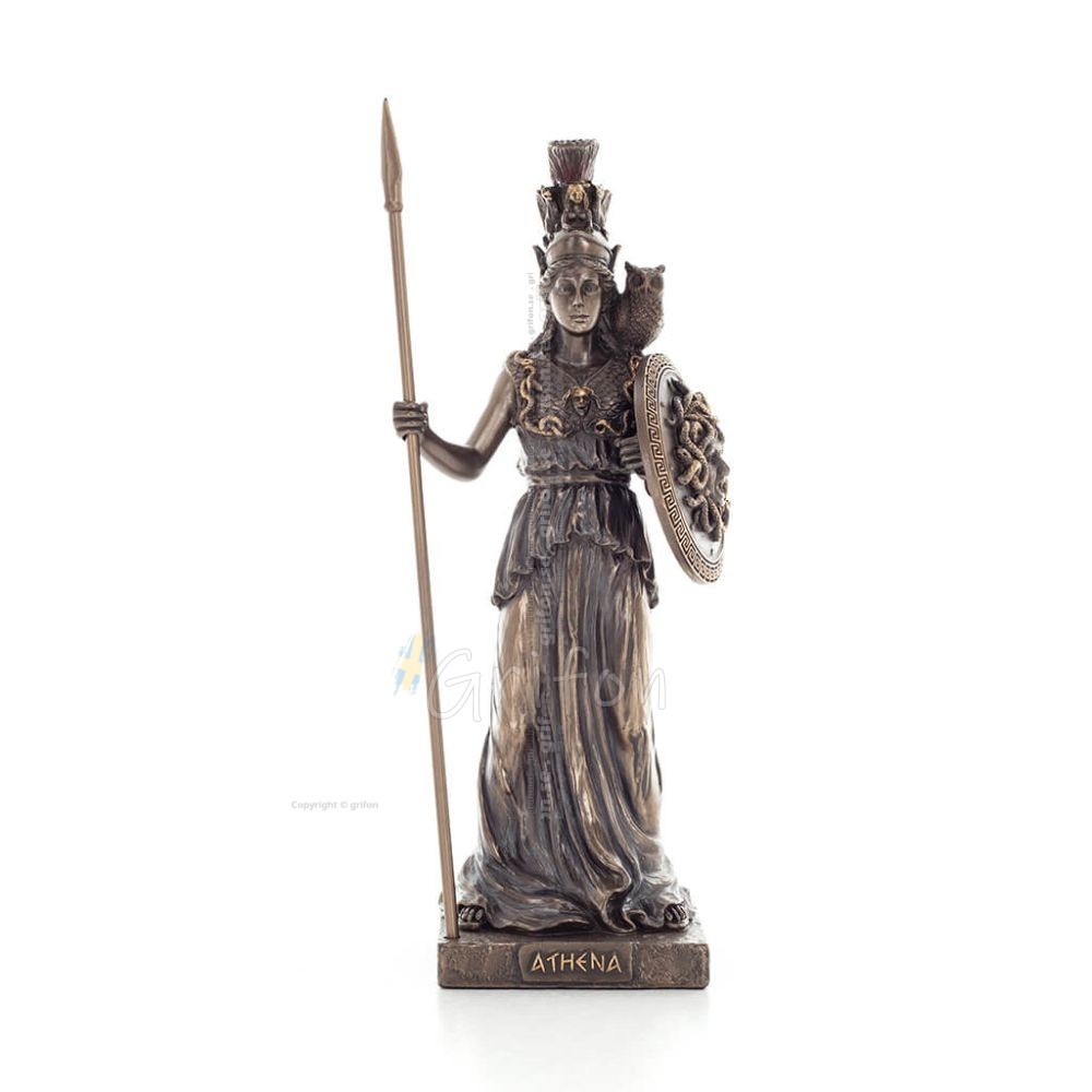 Athena or Athene or Athina: The goddess of wisdom with spear, shield & owl 20cm Full-body statue with bronze electroplating Vero Athena or Athene or Athina: The goddess of wisdom with spear, shield & owl 20cm Full-body statue with bronze electroplating Vero