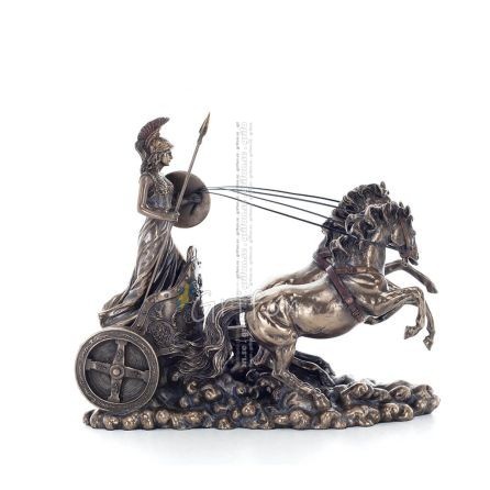 Athena or Athana or Athene: The goddess of wisdom on a 22cm chariot with a spear and shield, full-bodied statue with Veronese br