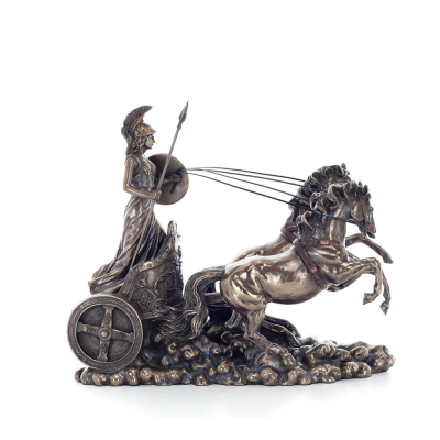 Athena or Athana or Athene: The goddess of wisdom on a 22cm chariot with a spear and shield, full-bodied statue with Veronese br