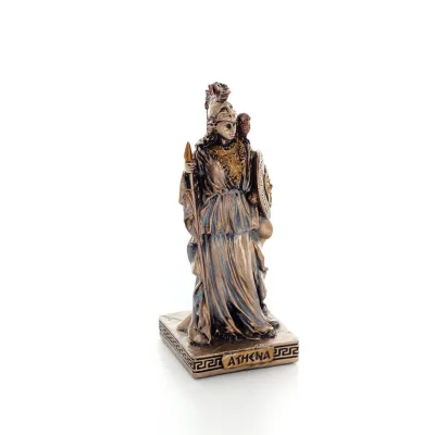 Athena eller Athene: Vishetens gudinna 9 cm med spjut, sköld, hjälm och uggla med Veronese brons elektrolys, miniatyr Veronese 5