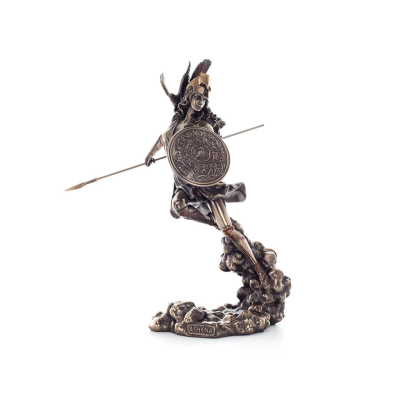 Athena or Athene: The goddess of wisdom 23cm with a spear, shield, helmet, and owl in attack with Veronese Bronze Electrolysis, 