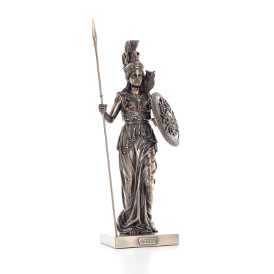Athena or Athene: The goddess of wisdom 50 cm with a spear, shield, helmet, and owl with Veronese Bronze Electrolysis, ancient V