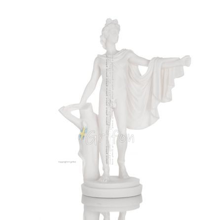 Apollo or Apollonas, the god of music, light, and protector of arts with a chiton, 24 cm full-body statue made of alabaster, an