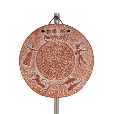 Plaketter hängande på väggen i form av en Phaistos-skiva 18cm dekorativ med handgjord finish, väggmonterad, minoisk kultur Dekor