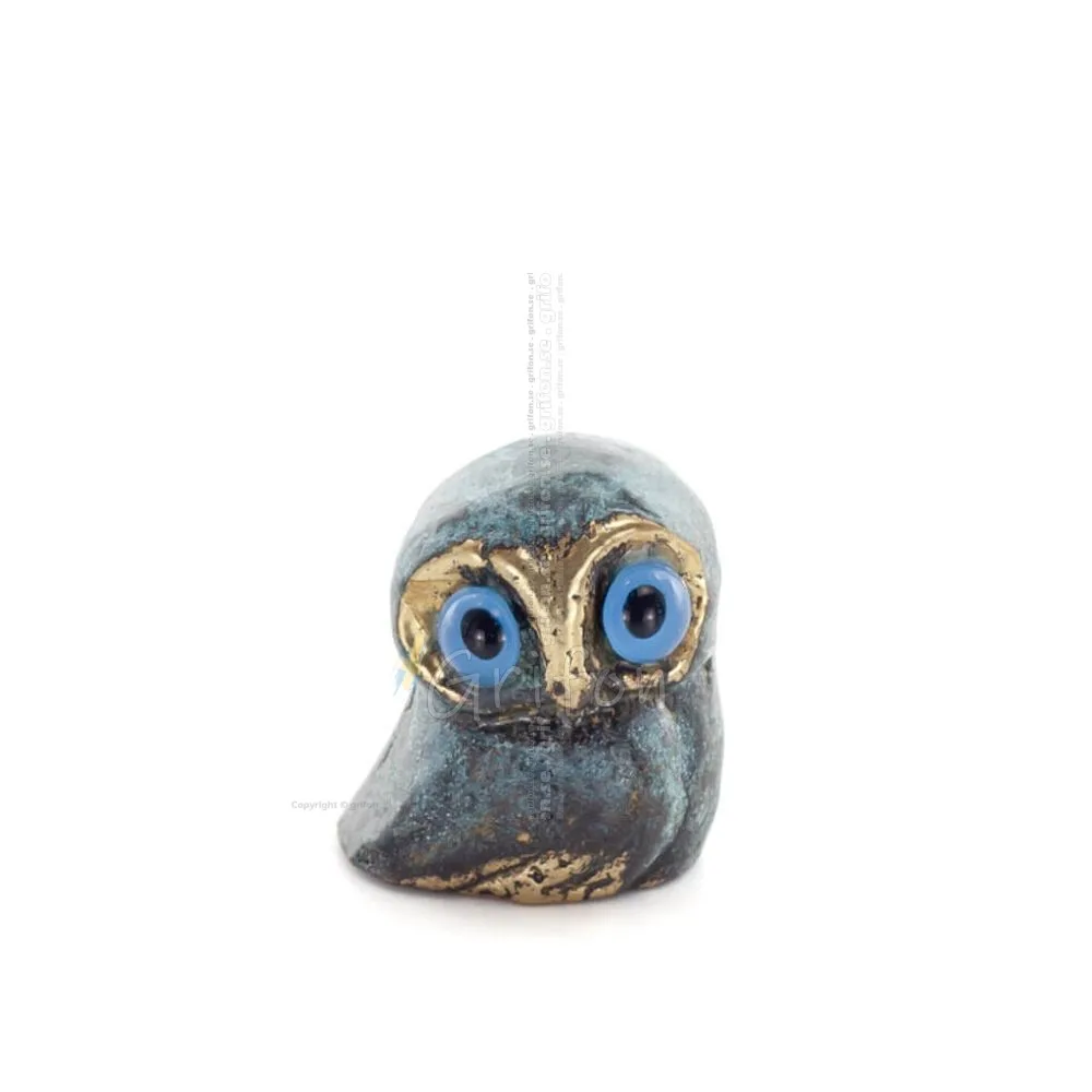 Uggla eller Glaucus: den heliga fågeln, symbol för visdom, försiktighet, låg sned liten 2x2cm helkroppsstaty Brons dekorativ Bro