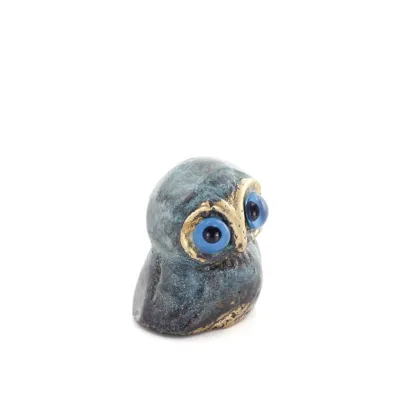 Uggla eller Glaucus: den heliga fågeln, symbol för visdom, försiktighet, låg sned liten 2x2cm helkroppsstaty Brons dekorativ Bro