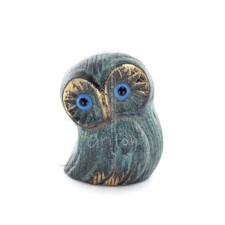 Uggla eller Glaucus: den heliga fågeln, symbol för visdom, försiktighet, låg sned stor 6x4 cm Helkroppsstaty Dekorativ brons Bro
