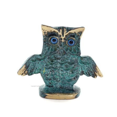 Uggla eller Glaucus: den heliga fågeln, symbol för visdom, försiktighet, öppna vingar n3 5x5,5 cm Helkroppsstaty Bronsdekoration