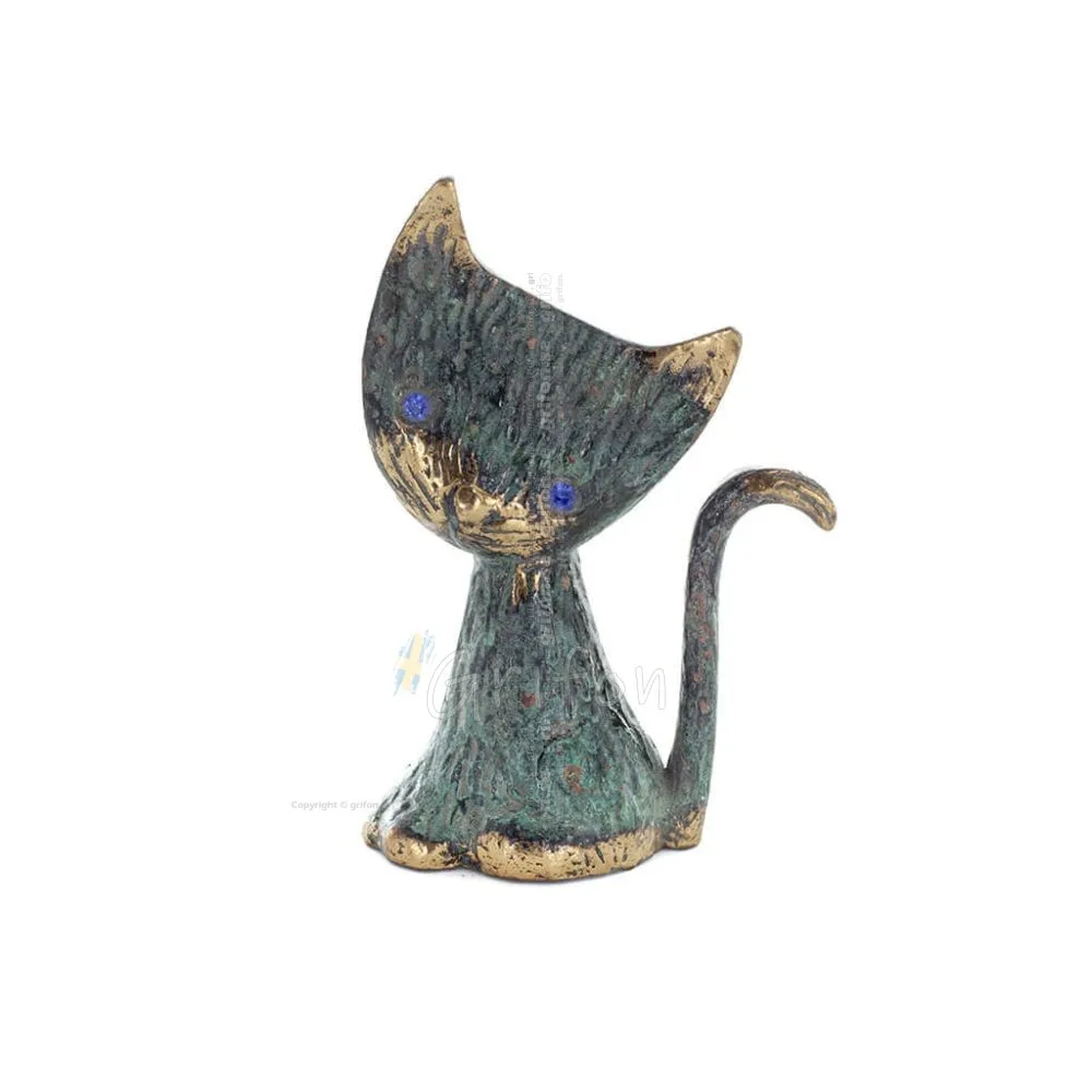 Katt Platt höger 11 cm helkroppsstaty Bronsprydnad, miniatyr Brons 1 - grifon.se 