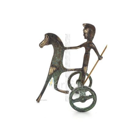 Athena or Athana or Athene: The goddess of wisdom on a chariot with a spear, 10cm full-bodied bronze decorative statue, ancient 