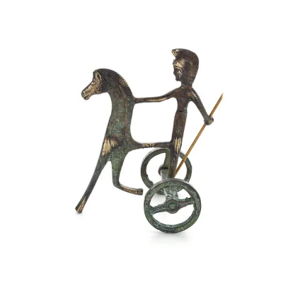 Athena or Athana or Athene: The goddess of wisdom on a chariot with a spear, 10cm full-bodied bronze decorative statue, ancient 
