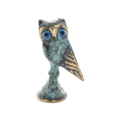 Uggla eller Glaucus: den heliga fågeln, symbol för visdom, försiktighet, platta 4,5x2cm Helkroppsstaty Bronsdekoration Brons 1 -