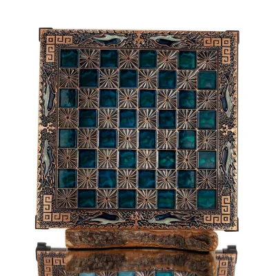 Schackbräde kopparemalj 33x33cm slingrande delfin, schack, brädspel Backgammon, Schack 2 - grifon.se 